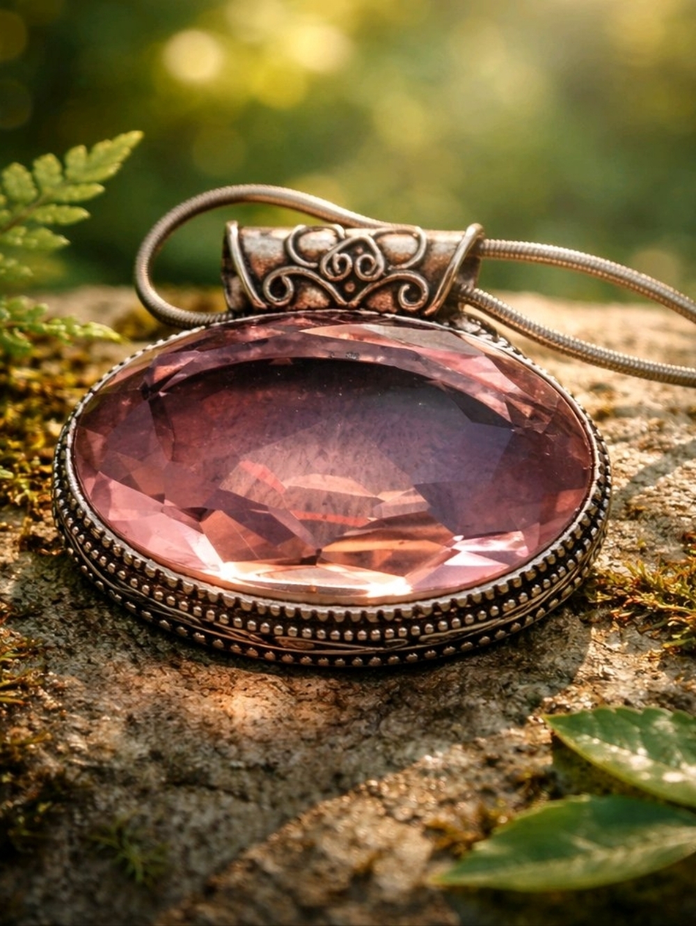 Chunky Rose Quartz 925 Silver Pendant Necklace